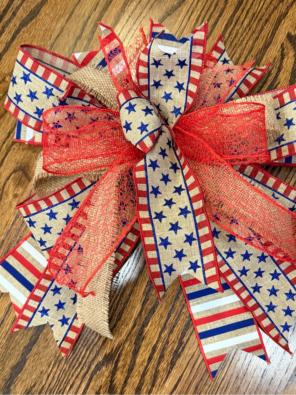 Patriotic Burlap & Ribbon Wreath Bow - Red, Blue, Natural